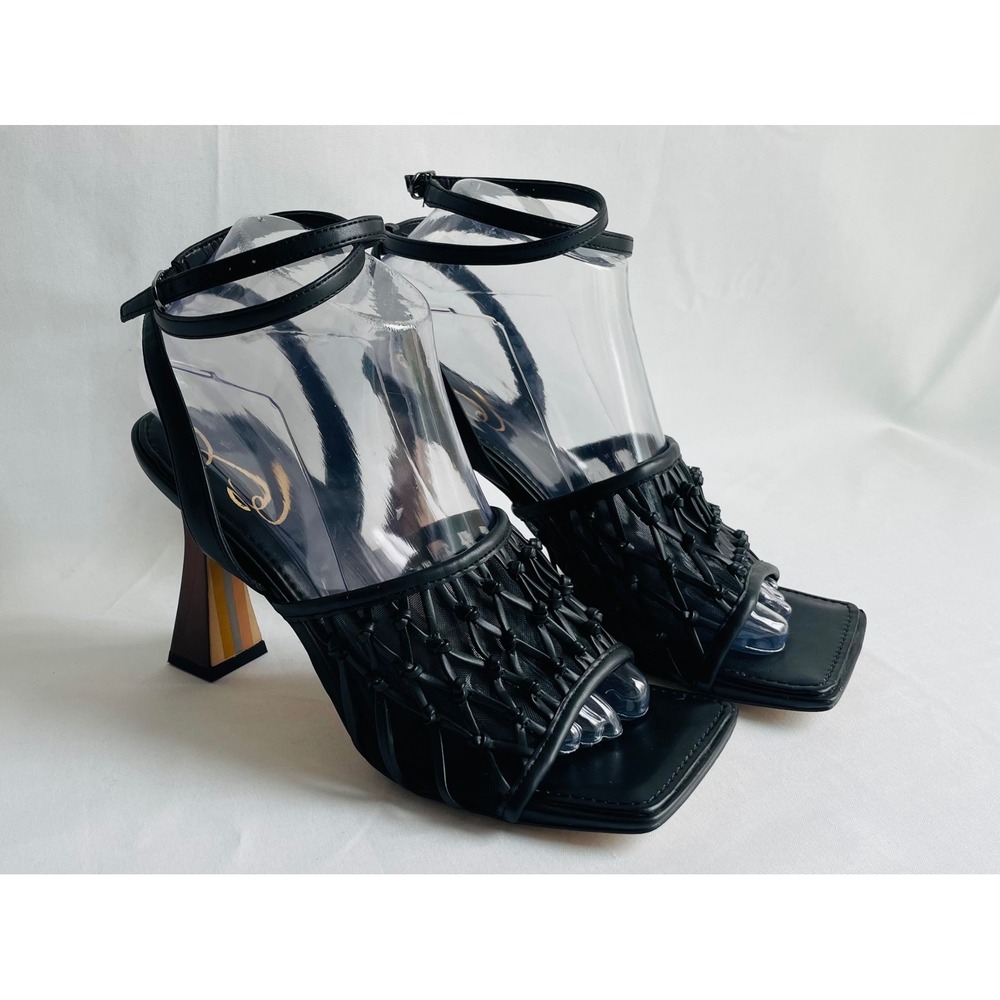 Sam Edelman Candice Black Mesh Knotted Ankle Strap Flared Heel Sandals 7 NWT